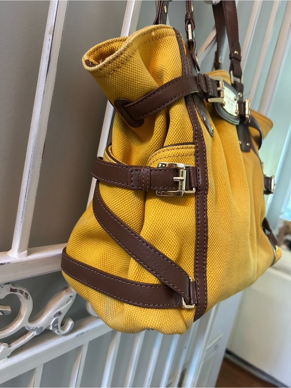 Michael Kors Yellow Canvas Tote with Brown Leather Accents - Picture 2 of 12
